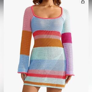 Crochet Knit Mini Dress Long Sleeve Colorful
